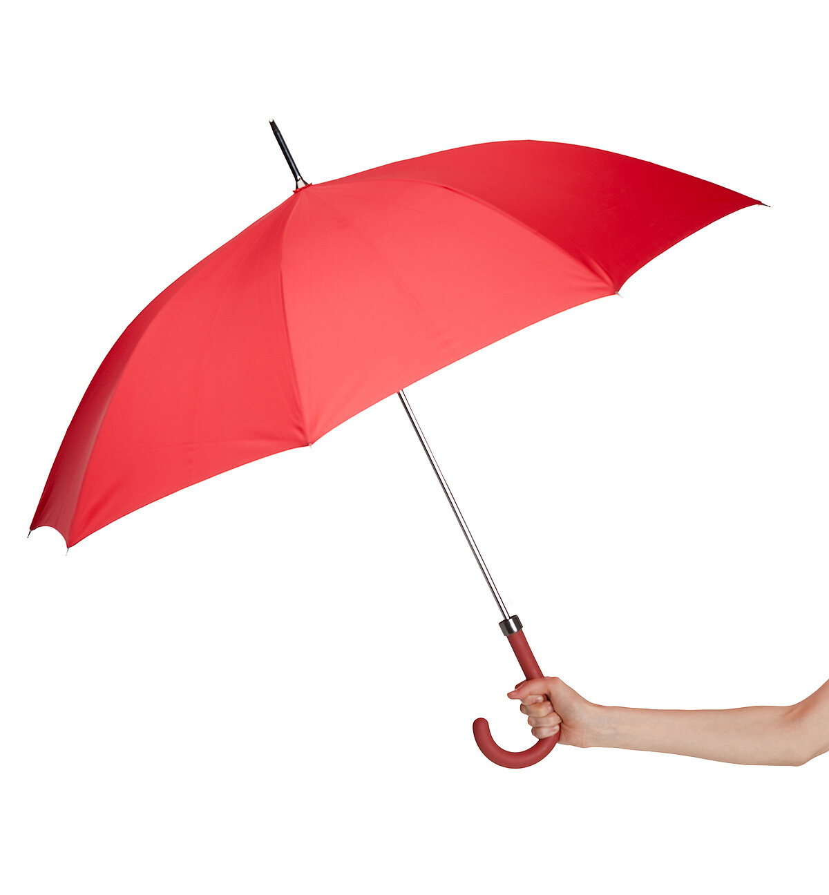 Patientensicherheit Close up of opened red umbrella in hand, isolated on white