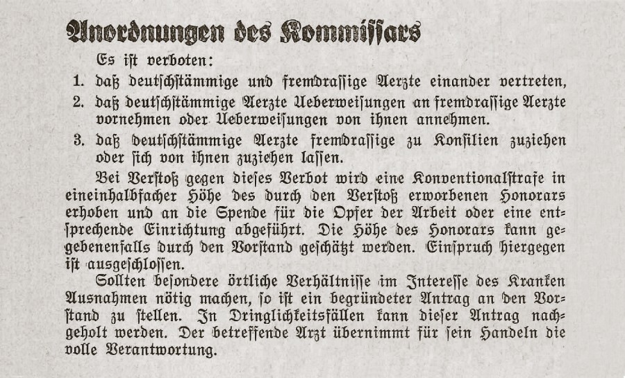 Mit der Machtübernahme beginnt die Ausgrenzung jüdischer Ärzte und werden Strafen angedroht. Aus Folge 16, „Erntemond 1933“, S. 64. weckruf_1_anordnung_des_kommissars_neu.jpg