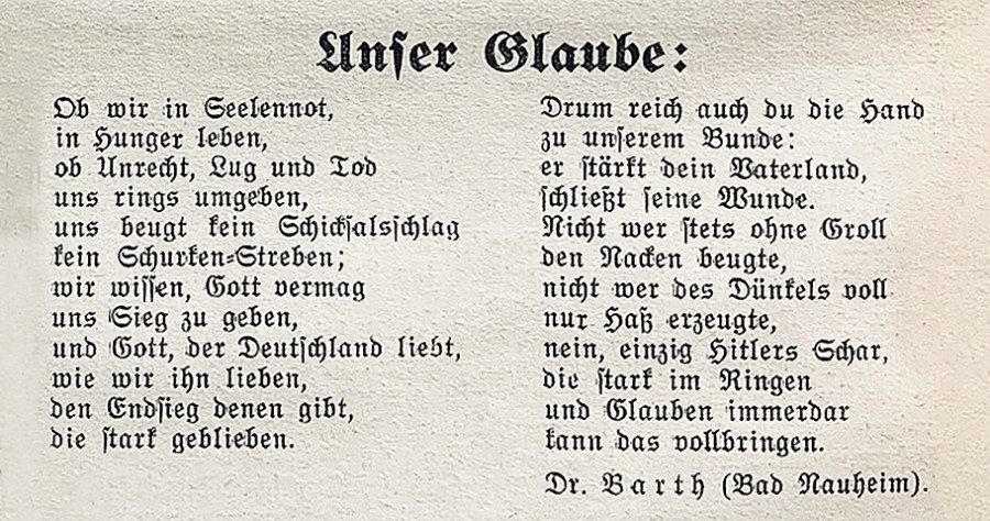 Ideologisch überhöhte Verherrlichung Hitlers und des „Endsieges“ in Versform. Aus Folge 1 „Eismond 1933“, S. 4. weckruf_1_gedicht_unser_glaube.jpg