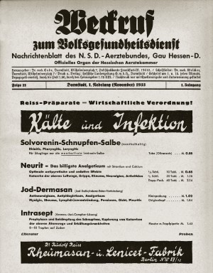 Der „Weckruf“ diente auch – wie das Beispiel zeigt – Pharmafabriken für Werbeanzeigen. Titelblatt der Folge 21, „1. Nebelung (November) 1933“, S. 97. weckruf_abb1_neu.jpg