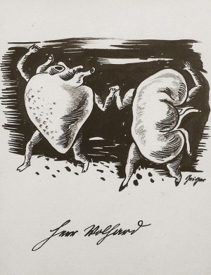 Zeichnung eines Herzens und einer Niere jeweils mit Ärmchen und Beinschen, händchenhaltend und tanzend. Tischkarte bei einem Festessen von Franz Volhard (1931), Nestor der Nephrologie. foto_9.jpg